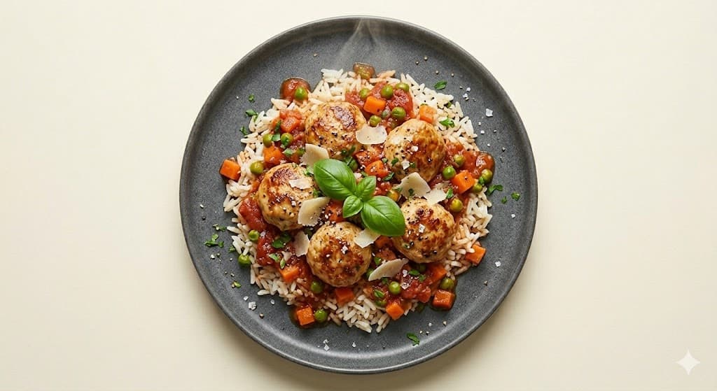 Albóndigas de pollo a la jardinera con arroz