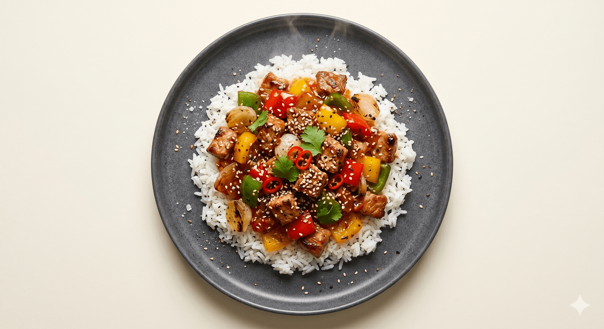 Cerdo en salsa agridulce con arroz blanco