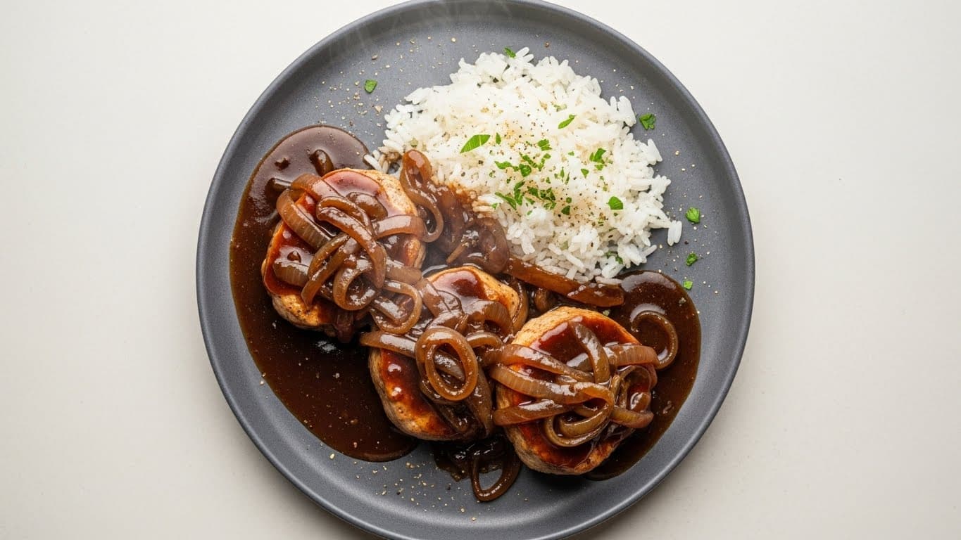 Cerdo en salsa de cebolla y vino con arroz