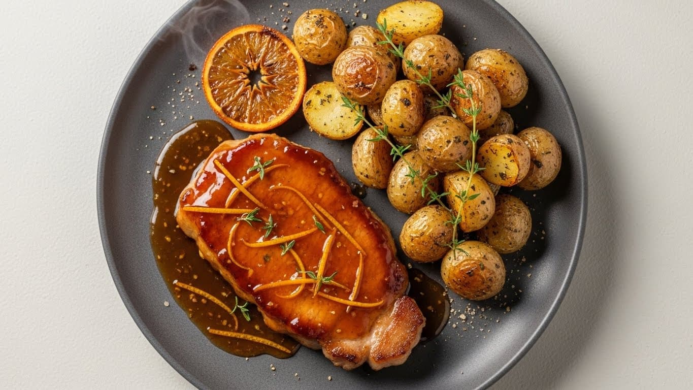 Chuleta de cerdo a la naranja con papas