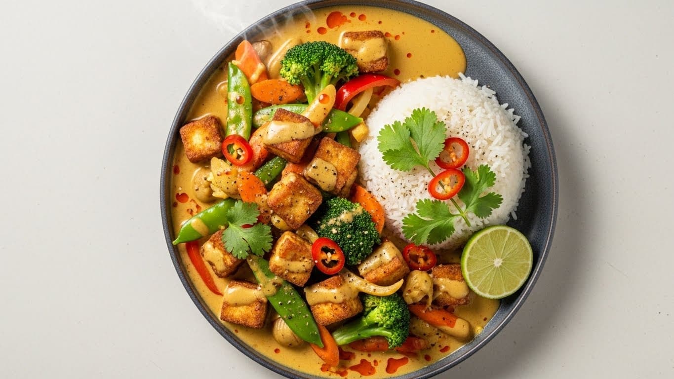 Curry de tofu con verduras y arroz integral