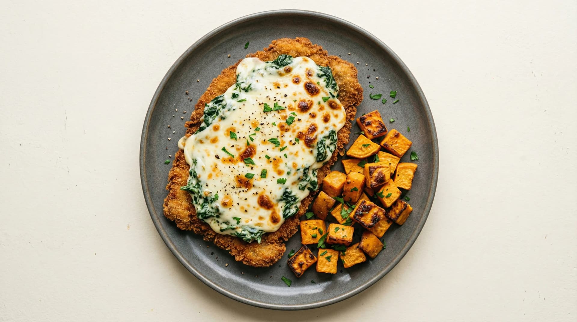 Milanesa de carne con espinaca, queso y camote asado