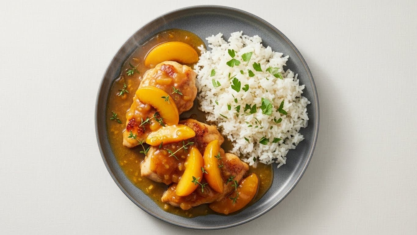 Pollo en salsa de durazno con arroz