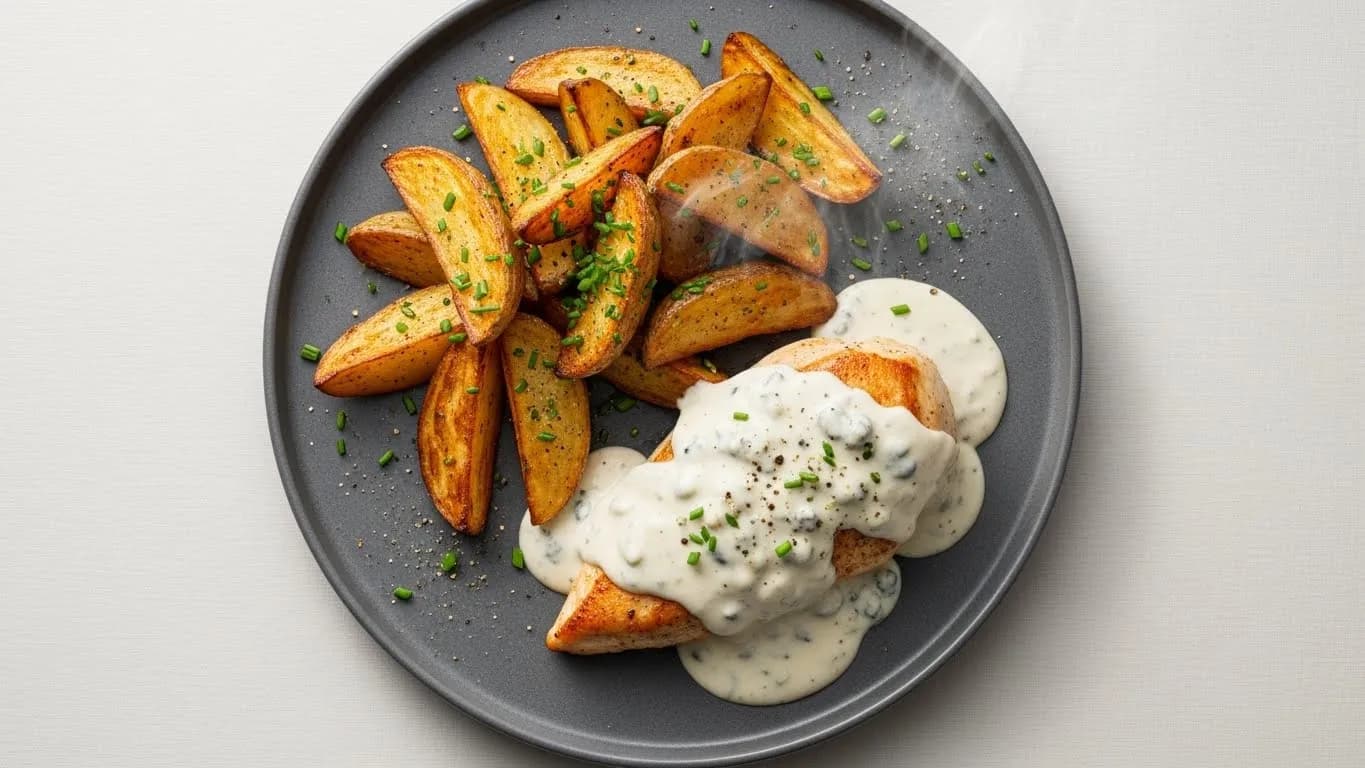 Pollo en salsa de queso con papas