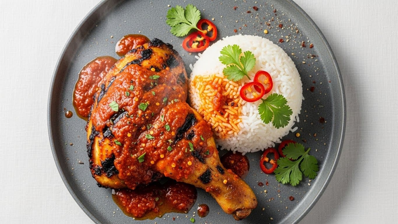 Pollo en salsa piri-piri con arroz