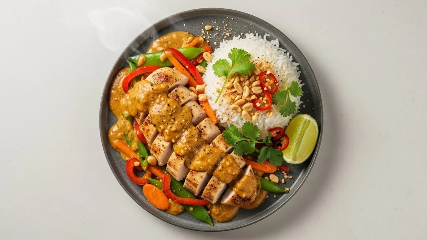 Pollo en salsa satay con verduras y arroz