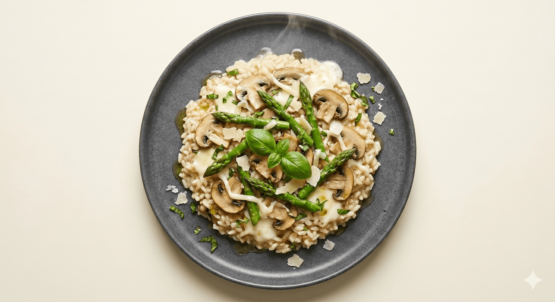 Risotto de champiñones y espárragos con queso mozzarella